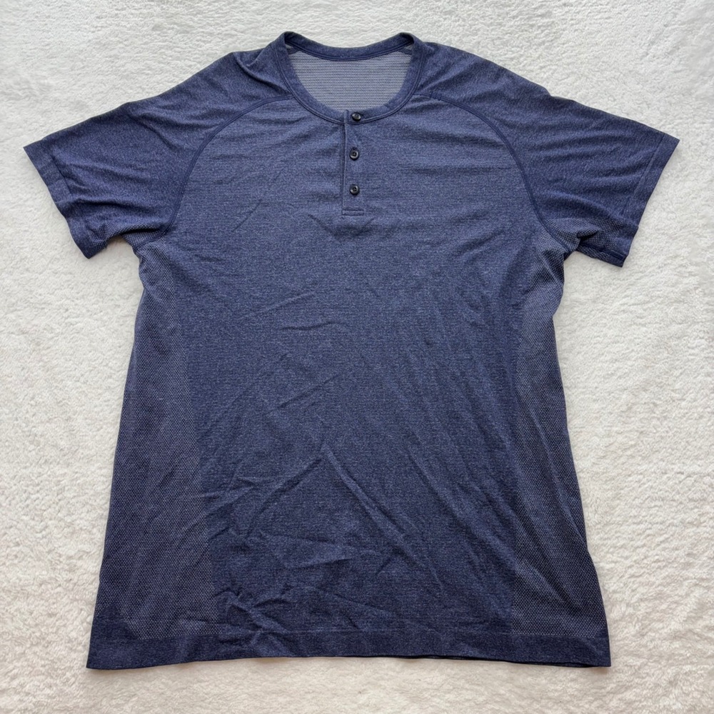 Lululemon Metal Vent Tech Henley Short Sleeve Shirt Blue Heathered Mens L